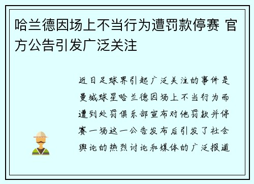 哈兰德因场上不当行为遭罚款停赛 官方公告引发广泛关注