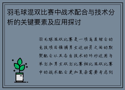 羽毛球混双比赛中战术配合与技术分析的关键要素及应用探讨