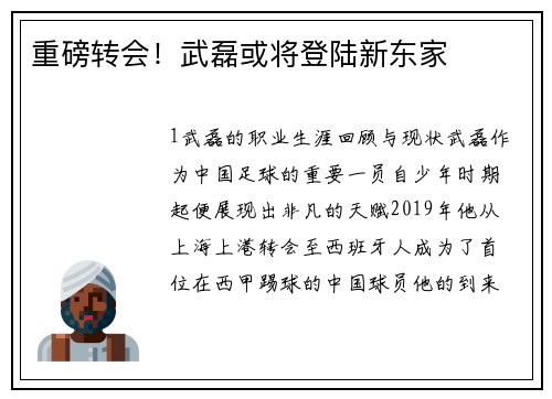 重磅转会！武磊或将登陆新东家