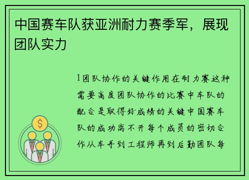 中国赛车队获亚洲耐力赛季军，展现团队实力